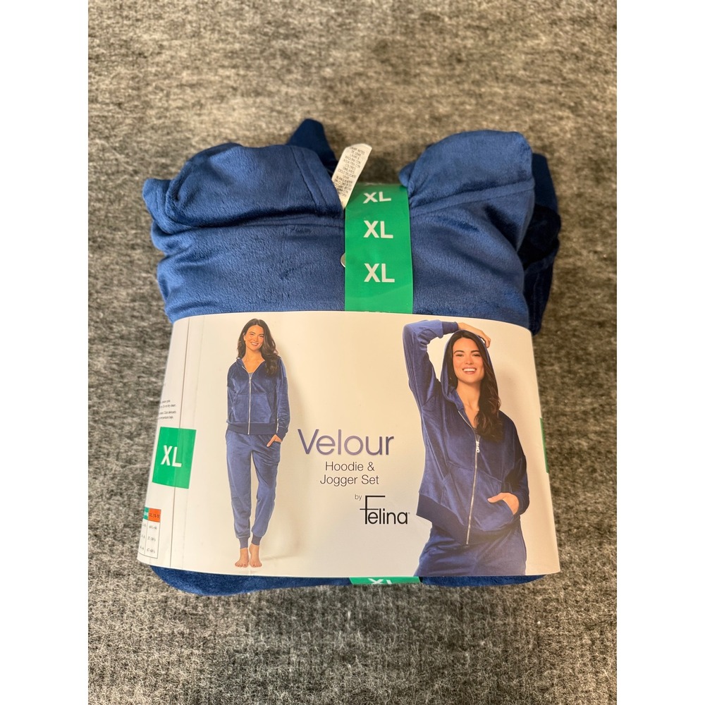 Felina Women Blue Velour Hoodie and Jogger 2 Piece Loungewear Set XL C7589